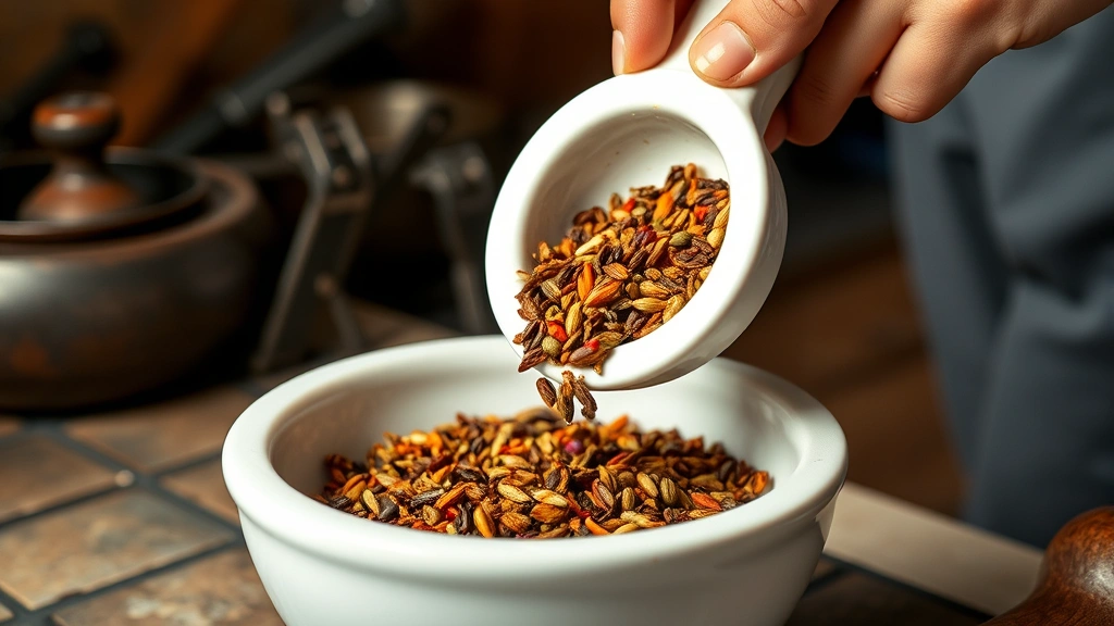 Hands pouring toasted aromatic spices from warm cast iron skillet into white ceramic mortar with wooden pestle, steam rising, rustic kitchen setting with soft natural light