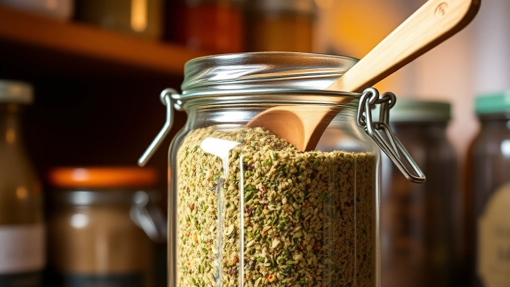 Glass jar filled with freshly ground homemade poultry seasoning blend showing herb texture and color, wooden spoon resting against jar rim, pantry shelf background with warm lighting