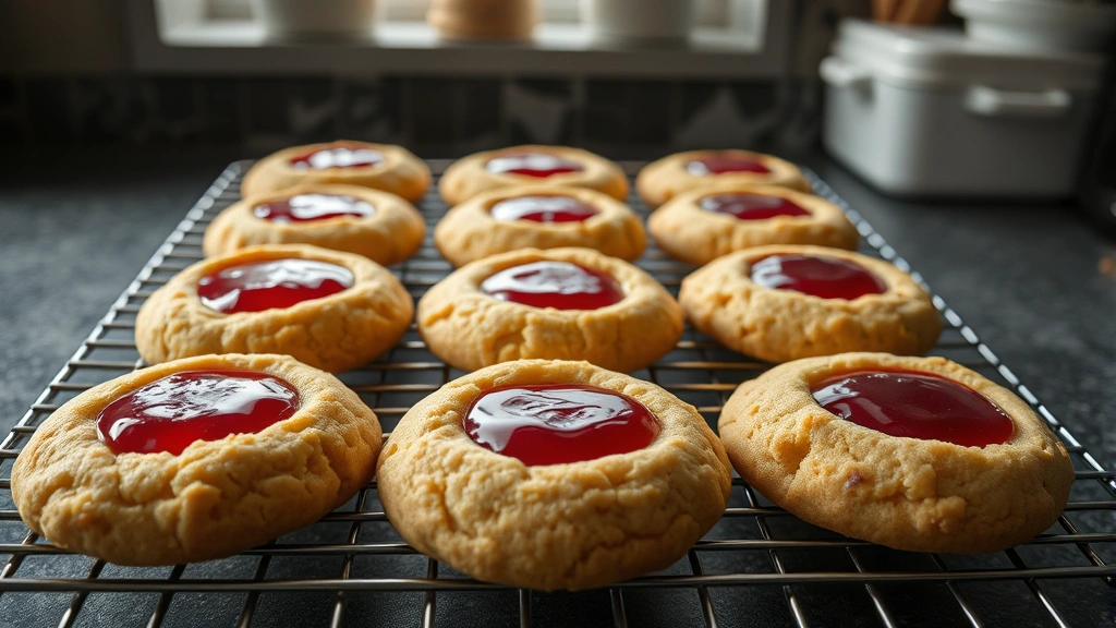 Close-up of golden baked cookies with jam centers cooling on wire rack, steam rising, natural window light, kitchen counter setting, photorealistic food photography