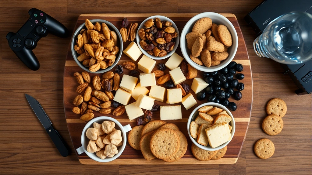 Overhead view of gaming snack board with cheese cubes, nuts, dried fruits, cookies, and water bottle, organized on wooden surface, prepared for gaming marathon session
