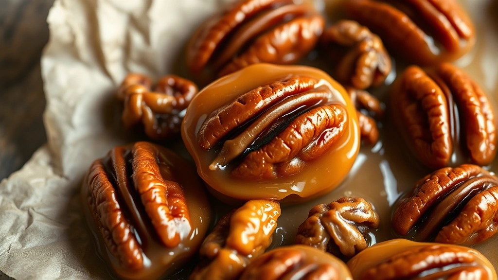 Close-up of glossy caramelized pralines with pecans on parchment paper, showing rich golden-brown color and nuts embedded in creamy caramel coating, warm lighting