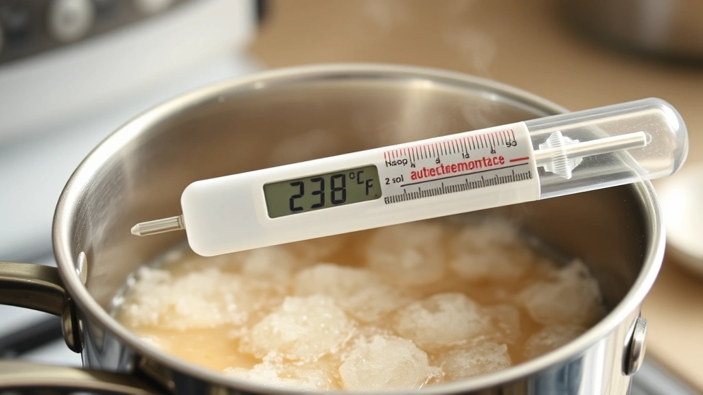 Candy thermometer inserted in bubbling sugar mixture in heavy-bottomed saucepan, showing clear temperature reading around 238°F with steam rising, bright kitchen lighting