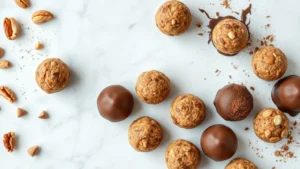 Close-up overhead shot of homemade protein balls arranged on white marble surface, some plain and some dipped in dark chocolate, with scattered nuts and cocoa powder nearby, natural daylight