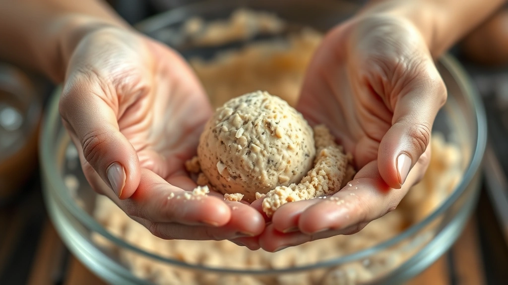Action shot of hands rolling protein ball mixture between palms, showing texture and consistency of dough, with blurred bowl of mixture in background, warm kitchen lighting