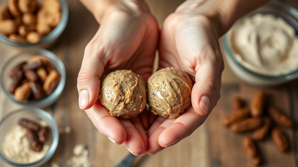 Action shot of hands rolling a protein ball mixture between palms, showing the smooth dough-like texture, with ingredients like peanut butter, dates, and protein powder blurred in background bowls