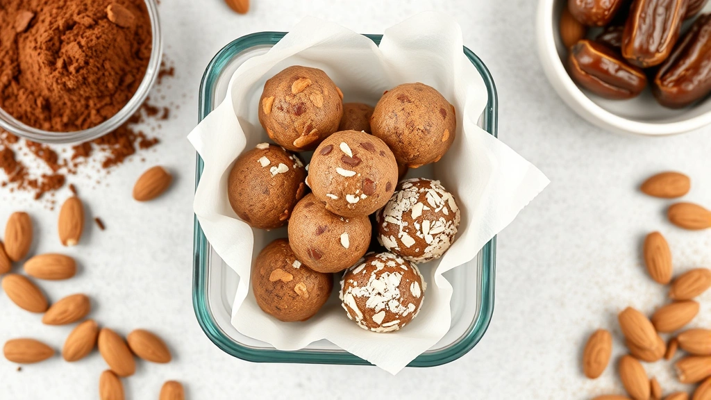 Flat lay composition of finished protein balls in various flavors - chocolate peanut butter, coconut almond, and espresso varieties - displayed in a glass storage container with parchment paper layers, surrounded by fresh ingredients like cocoa powder, almonds, and dates