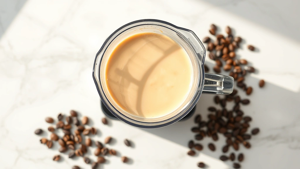 Overhead shot of a blender filled with creamy vanilla protein coffee, milk foam visible at top, dark roasted coffee beans scattered nearby on white marble counter, morning sunlight streaming across surface