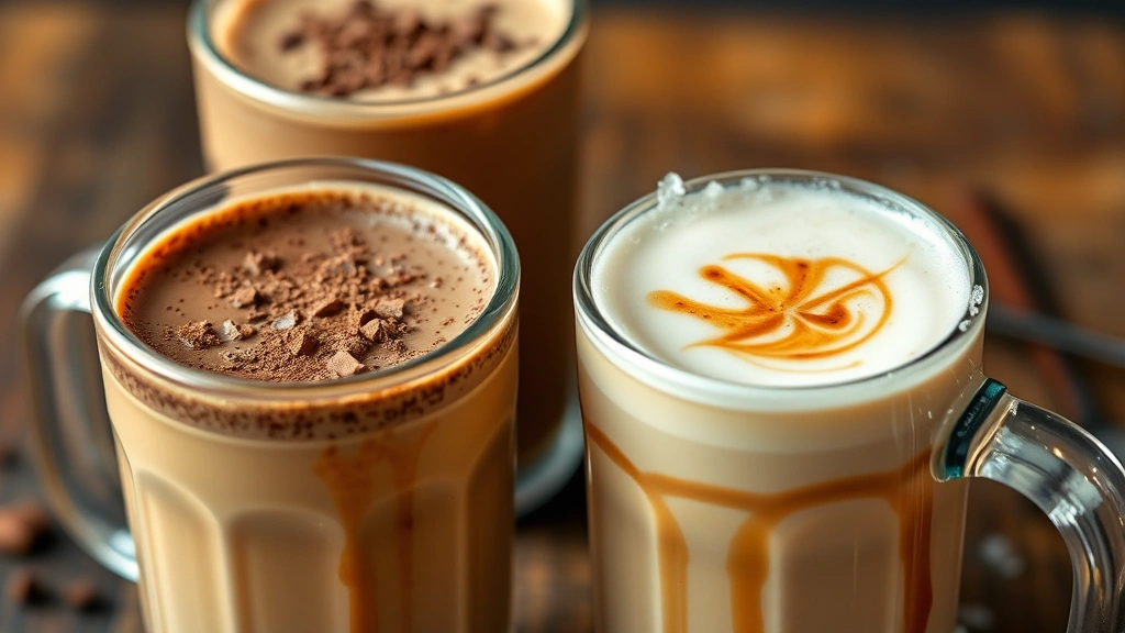 Close-up of three protein coffee variations in clear glass mugs: chocolate mocha with cocoa powder dusting, vanilla latte with cinnamon swirl, and caramel version with sea salt rim, each topped with natural foam