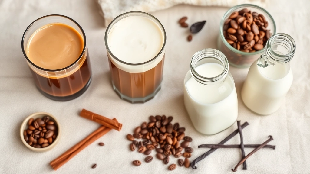 Flat lay arrangement of protein coffee ingredients: glass of cold brew concentrate, vanilla protein powder scoop, cinnamon stick, almond butter jar, fresh milk in glass bottle, whole coffee beans, and vanilla pod on neutral linen background