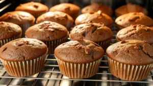 Golden-brown chocolate protein muffins fresh from oven, arranged on cooling rack with steam rising, showing perfect dome tops and tender crumb texture, natural bakery lighting