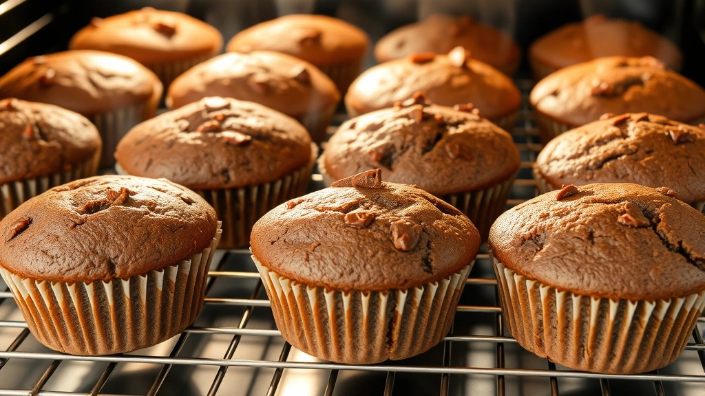 Golden-brown chocolate protein muffins fresh from oven, arranged on cooling rack with steam rising, showing perfect dome tops and tender crumb texture, natural bakery lighting