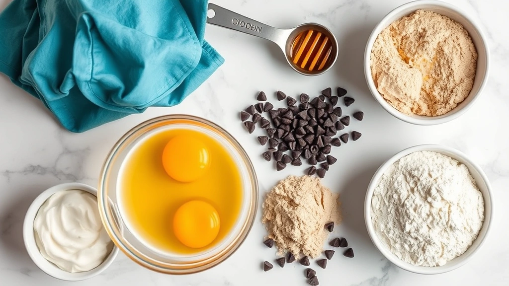 Overhead flat lay of protein muffin ingredients including Greek yogurt in bowl, eggs, protein powder scoop, whole wheat flour, honey drizzle, and dark chocolate chips on white marble counter