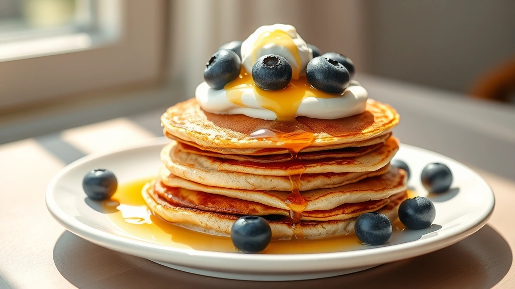 Golden-brown protein powder pancakes stacked on white plate with fresh blueberries, Greek yogurt dollop, and honey drizzle, morning sunlight streaming across