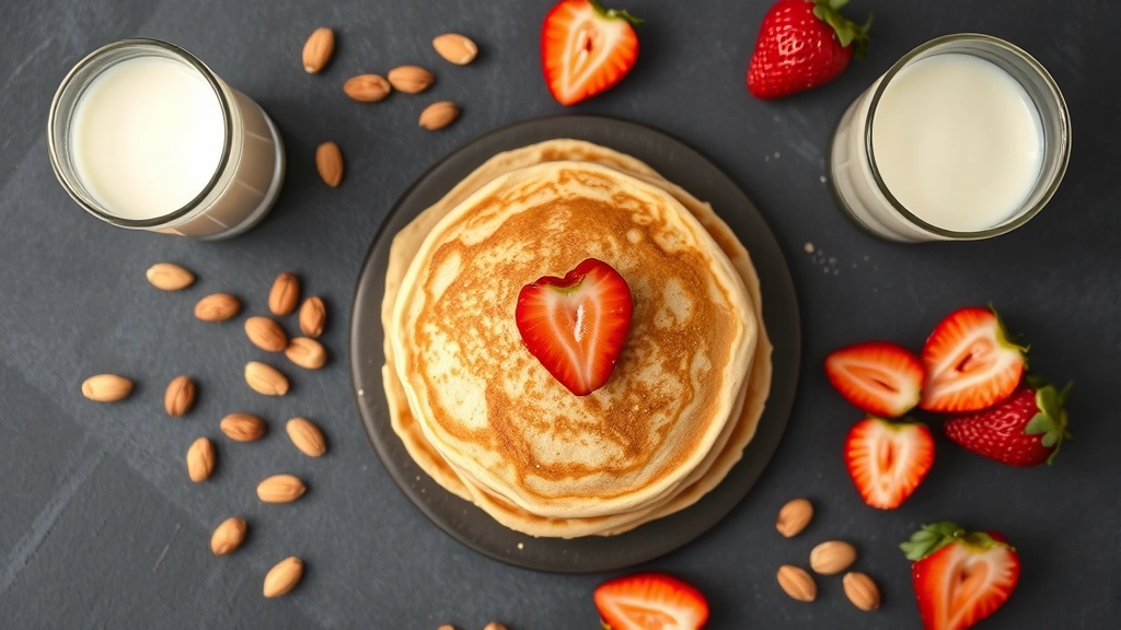 Overhead view of fluffy protein pancakes on dark slate surface surrounded by scattered almonds, sliced strawberries, and glass of cold milk
