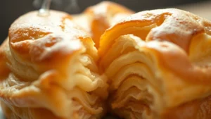 Close-up of golden, perfectly layered puff pastry with visible crispy flaky layers breaking apart, steam rising, shallow depth of field, professional bakery lighting