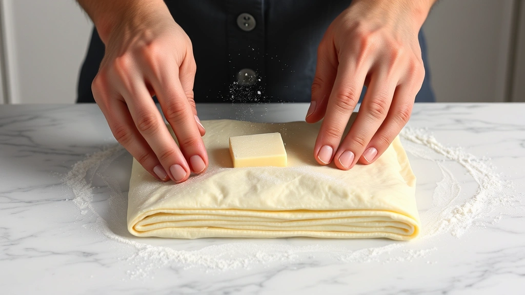 Hands demonstrating book fold technique on laminated dough, butter visible between layers, marble countertop, flour dust in air, action shot showing folding motion
