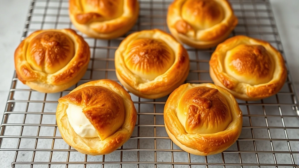 Freshly baked puff pastry vol-au-vents cooling on wire rack, deep golden brown color, crispy exterior texture, some pieces showing interior cream filling, soft studio lighting
