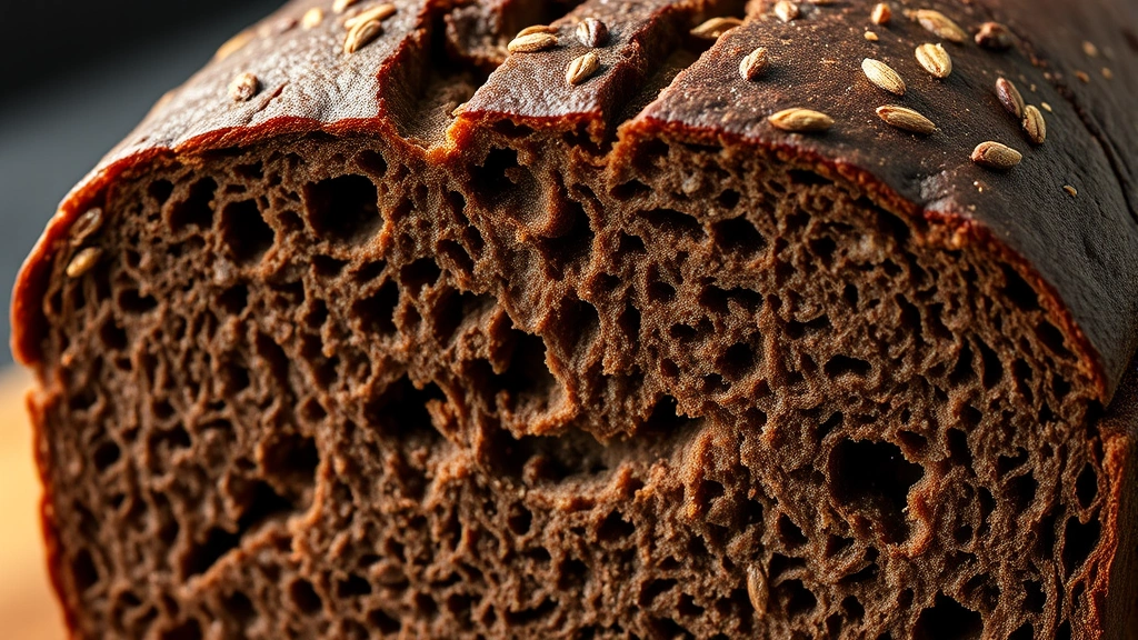 Close-up of dark pumpernickel bread loaf with deep brown crust, freshly baked with visible score marks, sliced to show dense crumb structure with whole rye berries visible