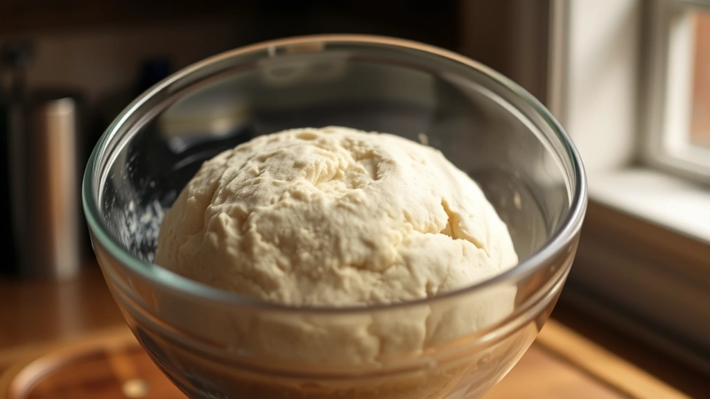 Artisanal pumpernickel dough during bulk fermentation in glass bowl, showing slight dome with surface texture, placed near warm kitchen light