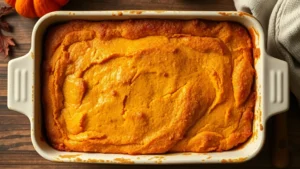 Overhead view of golden-brown pumpkin dump cake in a rectangular baking dish, showing the crispy top layer with visible texture, steam rising slightly, autumn kitchen setting with warm lighting