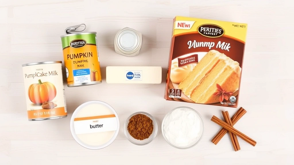 Flat lay of ingredients for pumpkin dump cake arranged on a light wooden surface: can of pumpkin puree, box of yellow cake mix, stick of butter, bottle of evaporated milk, small bowl of pumpkin pie spice, and fresh cinnamon sticks