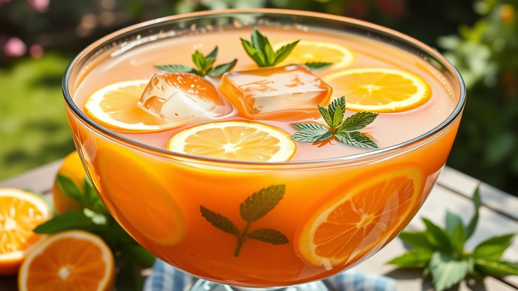 Large glass punch bowl filled with vibrant citrus-colored punch, floating orange and lemon slices, fresh mint leaves, and clear ice block, served at outdoor summer garden table with warm afternoon sunlight
