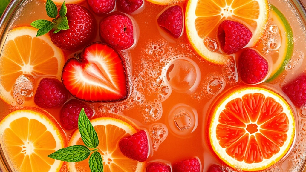 Close-up overhead view of punch bowl showing colorful fruit garnishes including strawberry slices, raspberry clusters, and citrus rounds floating on surface of refreshing beverage with ginger ale bubbles visible