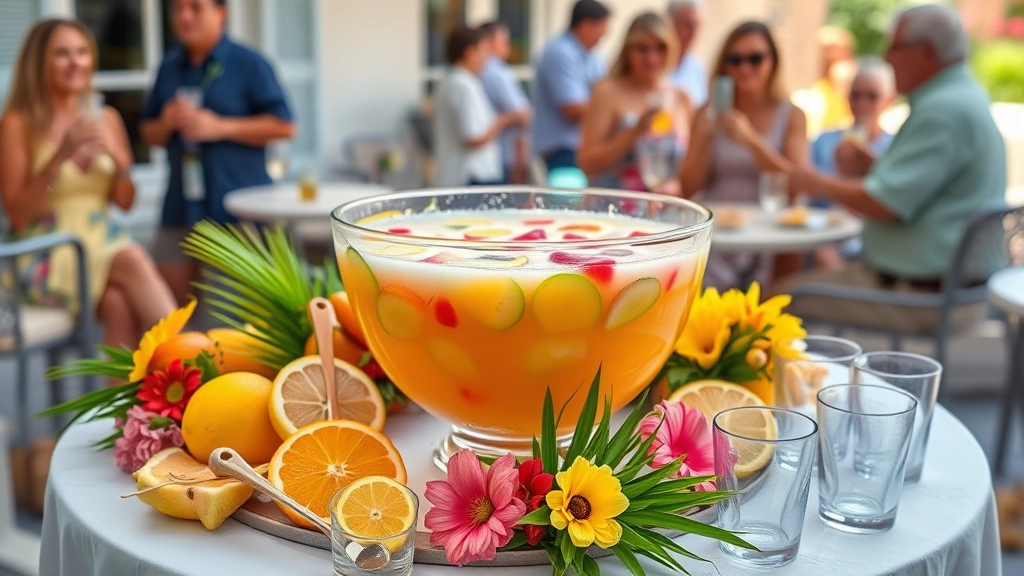 Summer party scene with punch bowl as centerpiece surrounded by fresh fruit ingredients, empty serving cups, ladle, and tropical flowers, outdoor patio setting with guests in background enjoying beverages