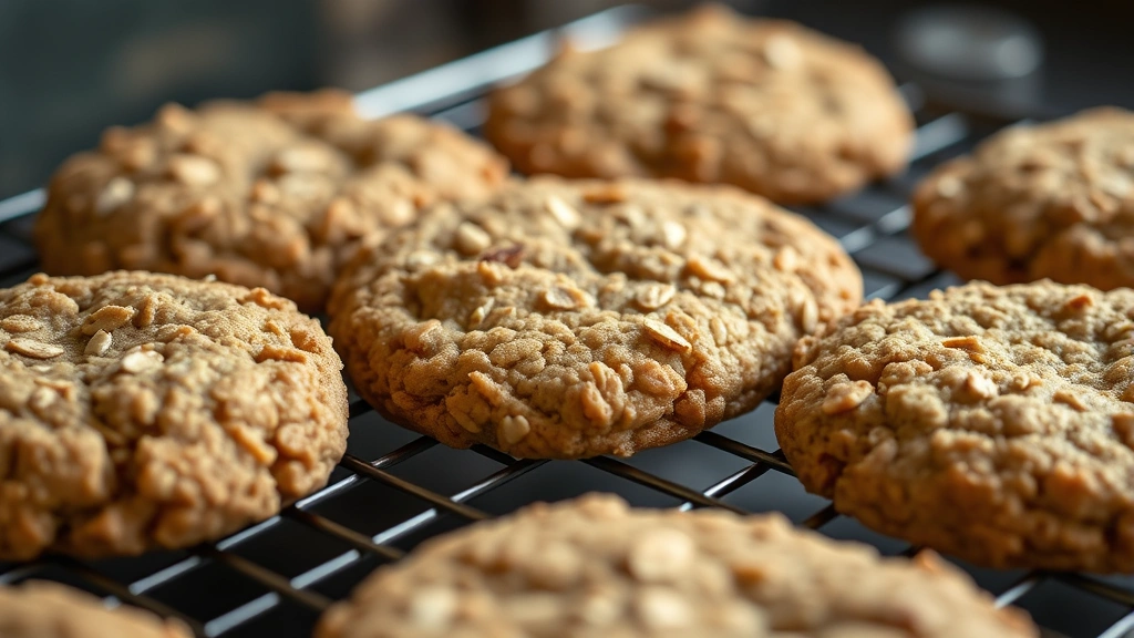 Close-up of golden-brown oatmeal cookies cooling on a wire rack with steam rising, showing chewy centers and crispy edges with visible oat pieces