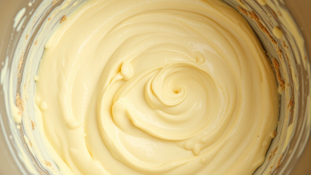 Overhead shot of creamed butter and brown sugar mixture in a mixing bowl, pale and fluffy with visible air bubbles and texture