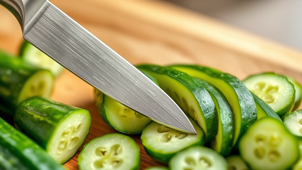 Close-up of fresh Kirby cucumbers being sliced lengthwise on a wooden cutting board with a sharp chef's knife, bright natural lighting showing the crisp green texture and water droplets
