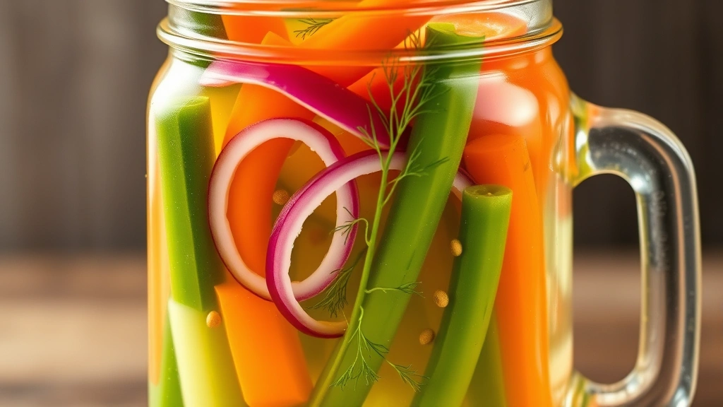 Glass mason jar filled with clear brine and colorful vegetables including cucumber spears, carrot sticks, red onion rings, and green beans with visible mustard seeds and dill sprigs floating in the liquid