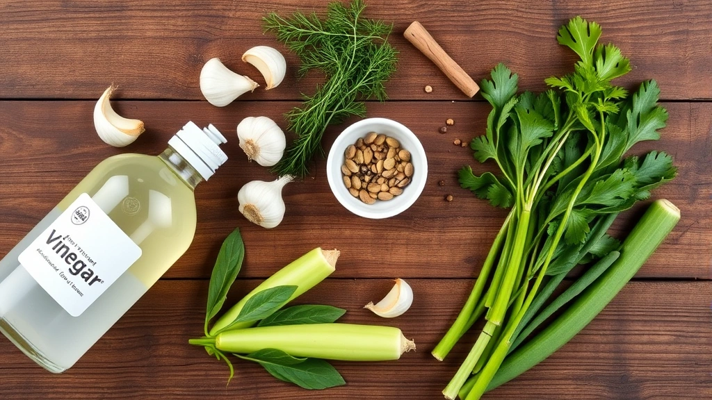 Overhead flat lay of a wooden table with scattered pickling ingredients: white vinegar bottle, fresh garlic cloves, dill sprigs, mustard seeds in a small bowl, bay leaves, peppercorns, and fresh vegetables ready to be pickled