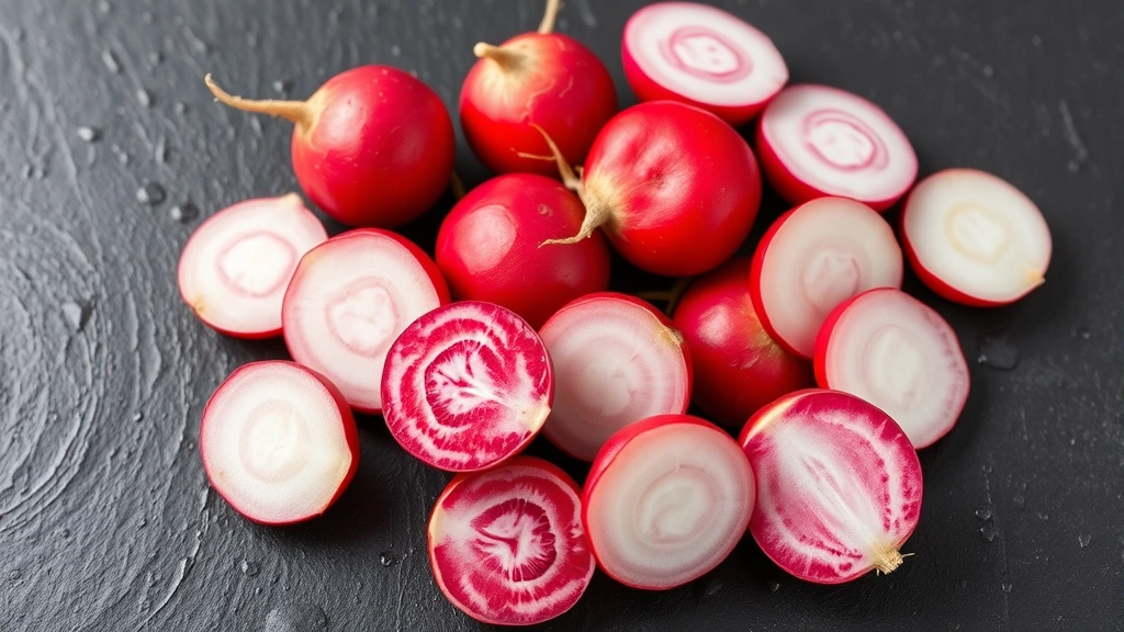 Vibrant assorted radishes freshly cut showing cross-sections with red, white, and pink interiors arranged artfully on a dark slate surface with water droplets