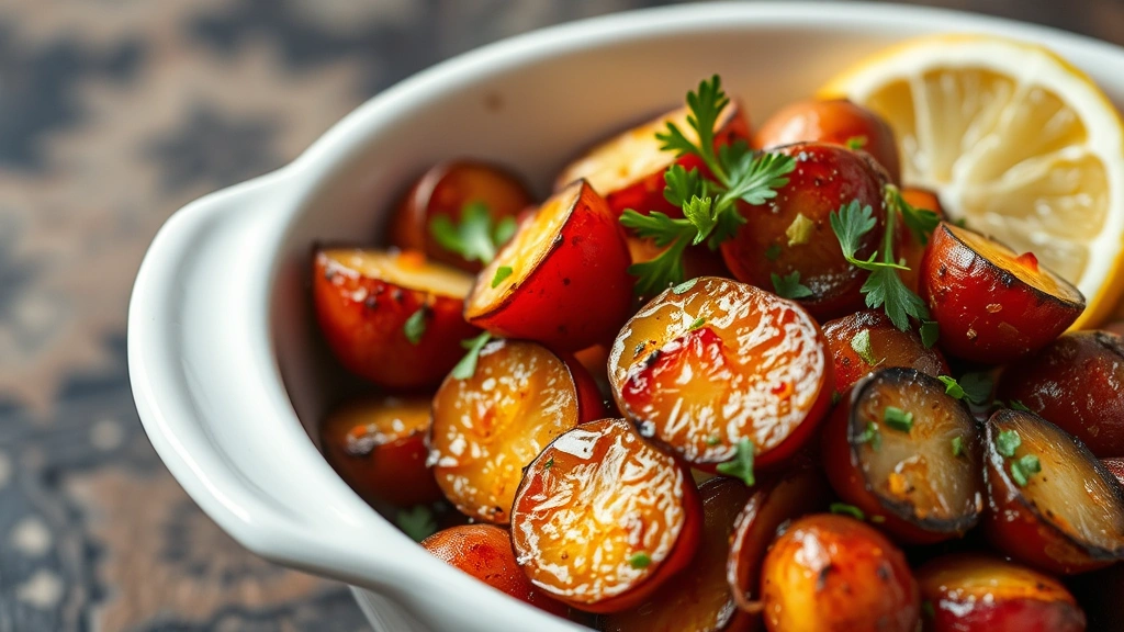 Caramelized roasted radishes golden brown and tender in a white ceramic dish garnished with fresh green herbs and lemon wedges, steam rising gently