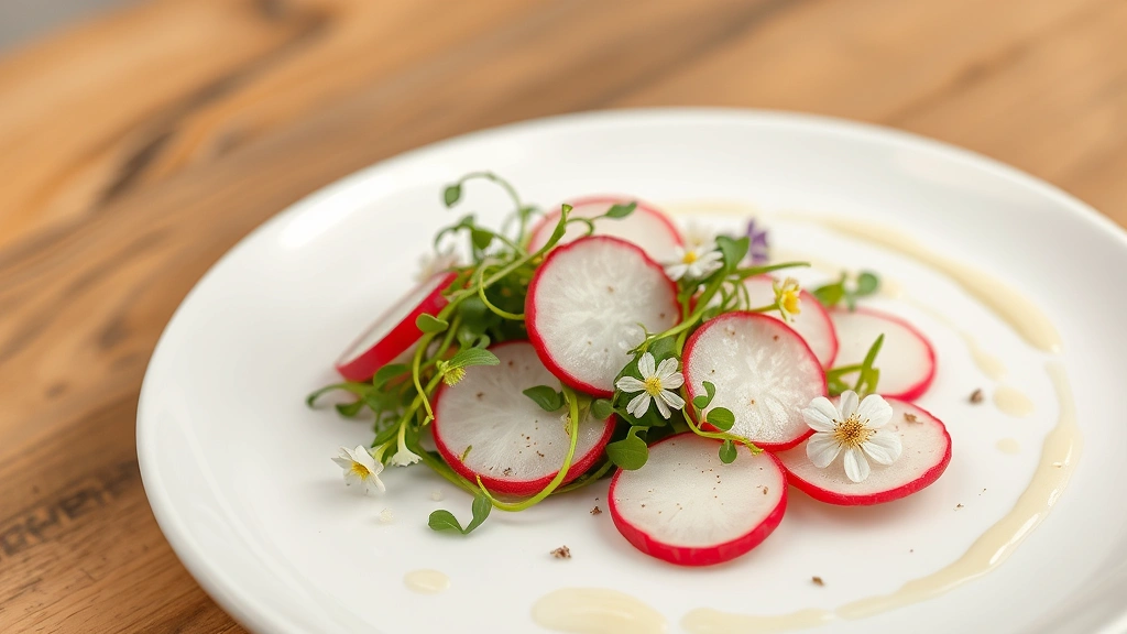 Elegant plated radish salad featuring thinly sliced radishes, microgreens, and delicate edible flowers with creamy dressing drizzled artfully on white plate
