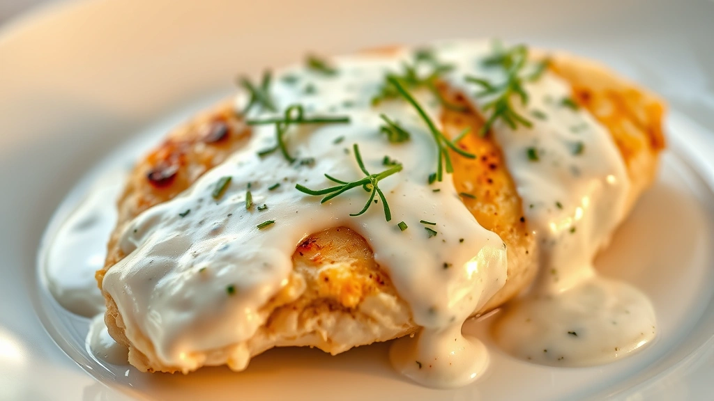 Close-up of tender chicken breast coated in creamy ranch sauce with fresh dill garnish, steam rising, served on white plate with golden lighting