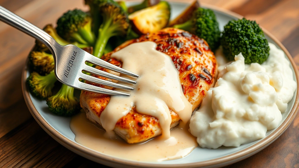 Plated ranch chicken with mashed potatoes and roasted broccoli, creamy sauce dripping over chicken, fork cutting into juicy meat, warm natural light