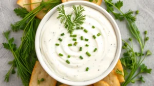 Overhead shot of creamy ranch dip in white ceramic bowl surrounded by fresh dill, chives, and parsley sprinkled on top. Vibrant green herbs visible against pale dip. Professional food styling with soft natural lighting.