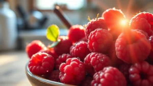 Close-up of fresh red raspberries in a ceramic bowl with morning sunlight, showing dewdrops and glossy berries in sharp detail, rustic kitchen background