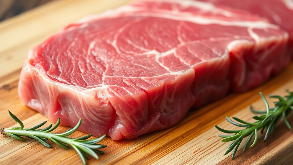 Close-up of premium raw filet mignon steak on wooden cutting board, showing pink marbling and bright red color, with fresh rosemary sprigs beside it