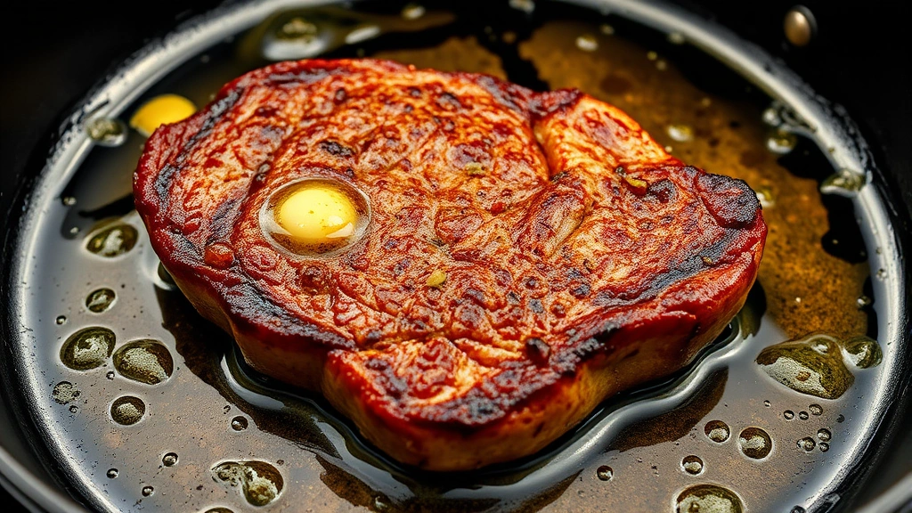 Golden-brown filet mignon steak sizzling in cast iron skillet with melted butter and garlic, showing perfect crust formation and caramelization