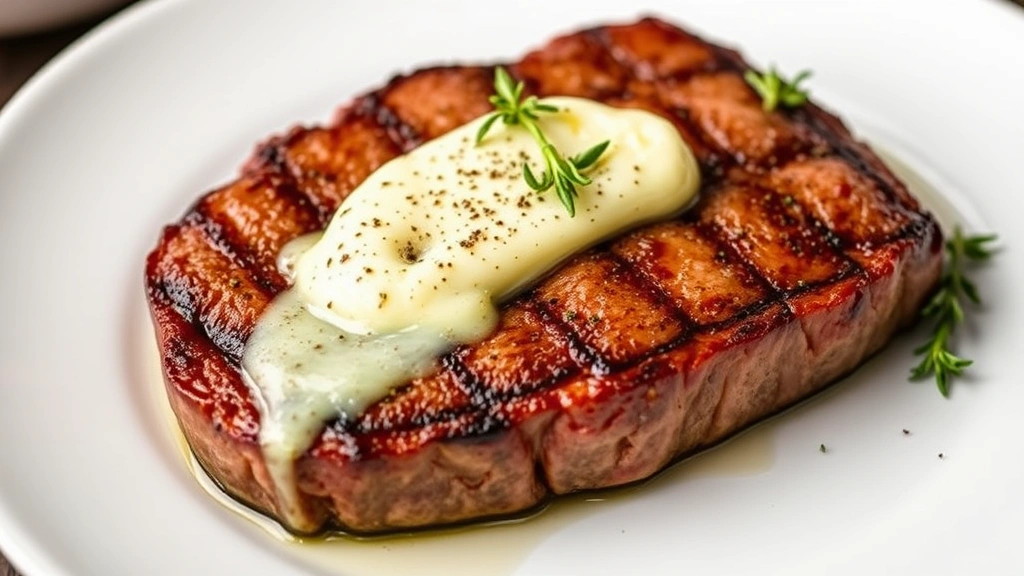 Perfectly cooked filet mignon steak resting on white plate with compound herb butter melting on top, garnished with fresh thyme and cracked pepper