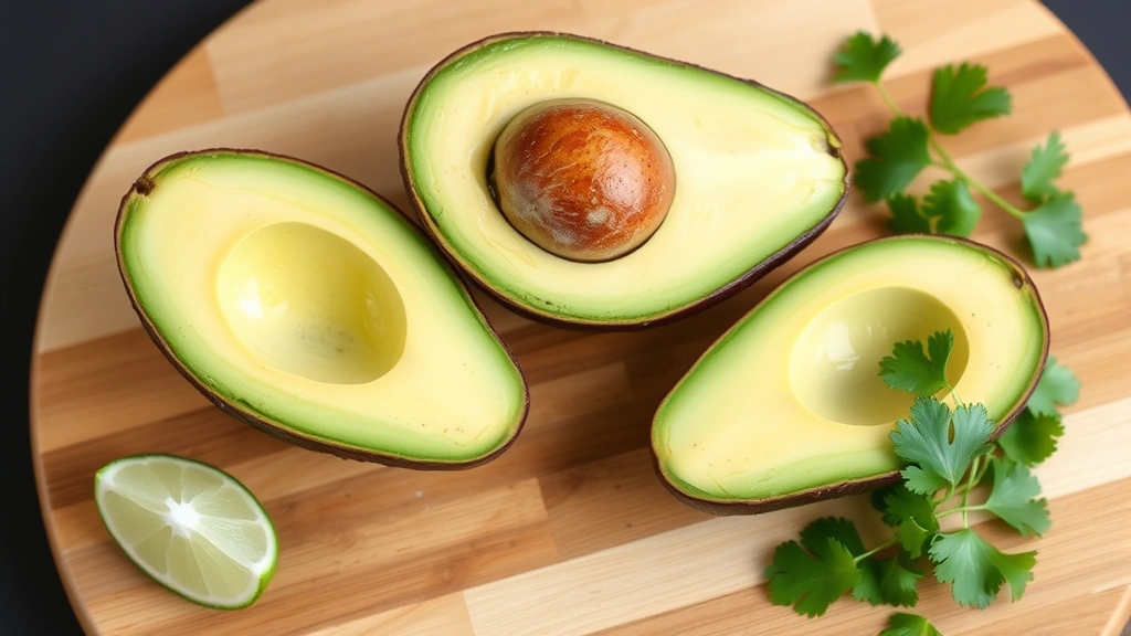 Three ripe Hass avocados cut in half showing creamy pale green flesh, pit visible, on natural wood cutting board with fresh lime and cilantro sprigs nearby