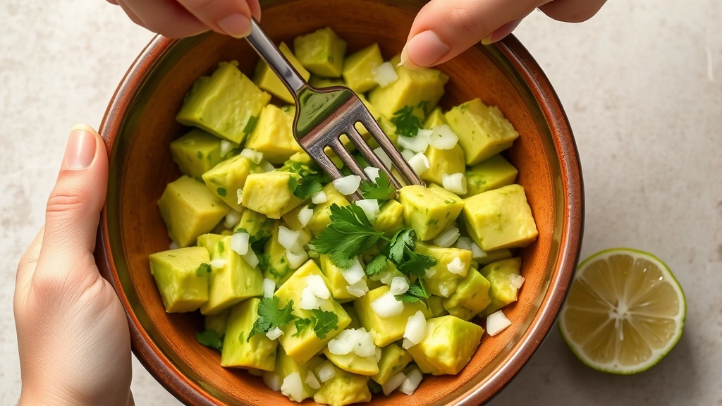 Hands using fork to gently mash avocado chunks in ceramic bowl, showing chunky texture with white onion pieces and cilantro visible, fresh lime half beside bowl