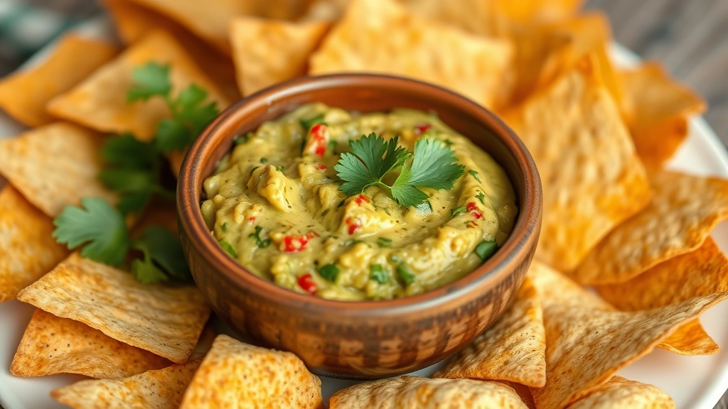 Finished chipotle guacamole in rustic serving bowl surrounded by warm crispy tortilla chips on white plate, cilantro garnish on top, close-up food photography