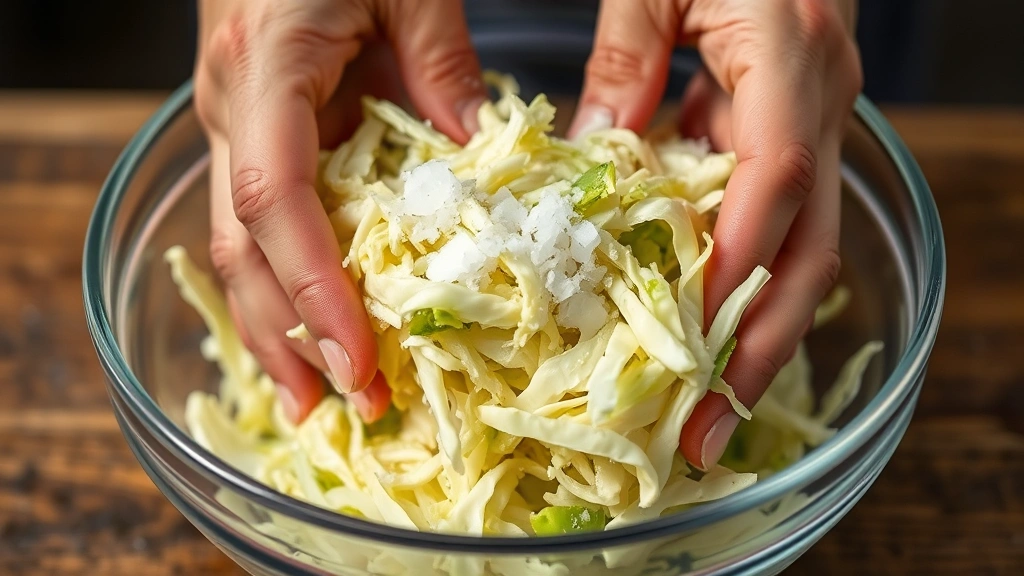 Close-up of hands massaging shredded cabbage with sea salt in a glass bowl, releasing brine juices, professional kitchen lighting with water droplets visible
