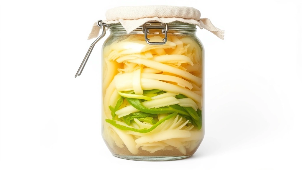 Glass fermentation jar filled with layered sauerkraut showing clear brine, glass weight keeping cabbage submerged, cloth cover secured with rubber band, white background studio setting