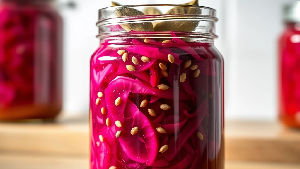 Finished sauerkraut in glass jar with deep purple-red color from red cabbage, topped with caraway seeds and bay leaves, dramatic kitchen lighting showing translucent brine clarity
