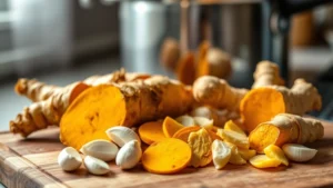 Golden turmeric root, fresh ginger slices, and crushed garlic cloves arranged on a wooden cutting board with morning light illuminating the ingredients, steam rising from a pot in soft focus background
